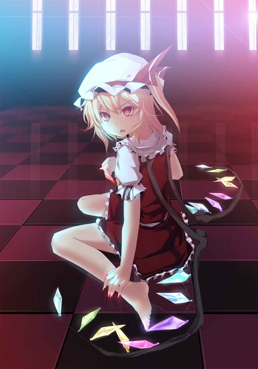barefoot blonde_hair bloom checkered checkered_floor fang feet flandre_scarlet hands_on_feet hat highres looking_back ponytail red_eyes short_hair side_ponytail sitting solo touhou wings