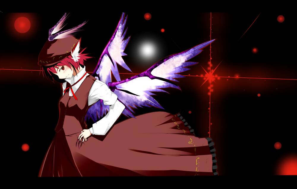 claws dress fingernails hat letterboxed long_fingernails long_nails long_sleeves mystia_lorelei nails profile red_eyes red_hair redhead short_hair smile solo tanetanetane touhou wings