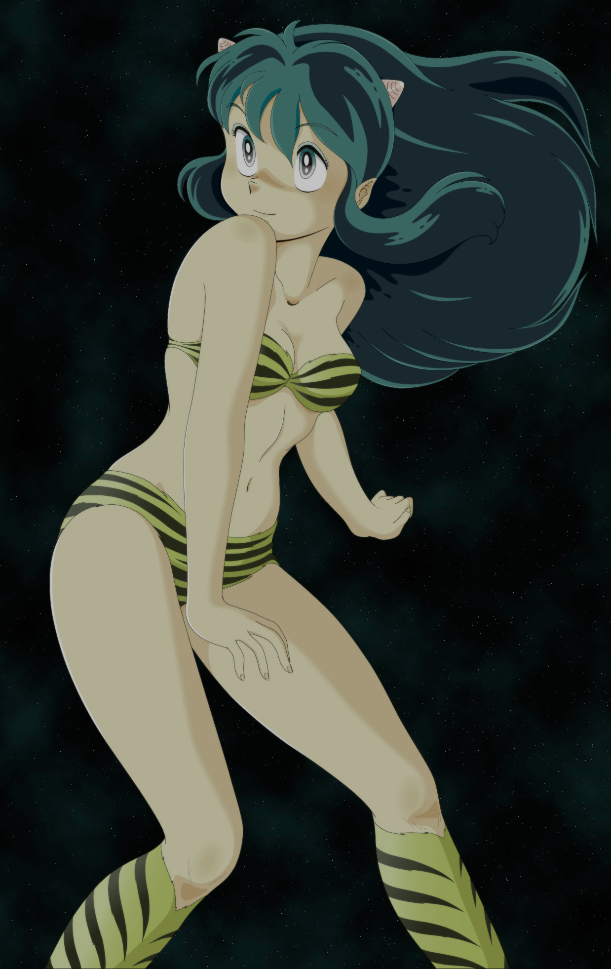 bikini blue_eyes bra breasts green_hair horns legs long_hair lum oni smile solo swimsuit thighs urusei_yatsura