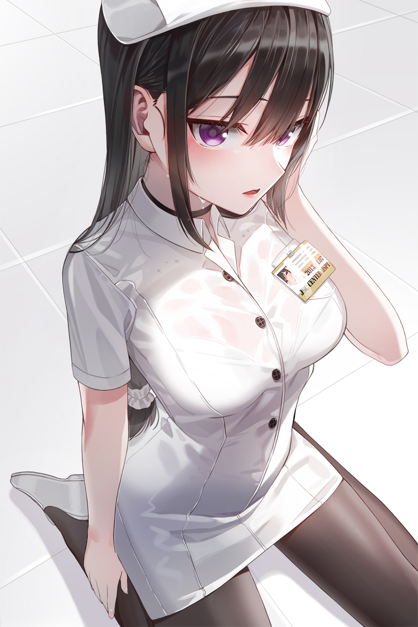 1girl bangs black_hair black_legwear blush breasts dress hat highres kfr large_breasts long_hair looking_at_viewer nurse nurse_cap original pantyhose parted_lips short_dress sitting solo thighs violet_eyes wariza white_dress