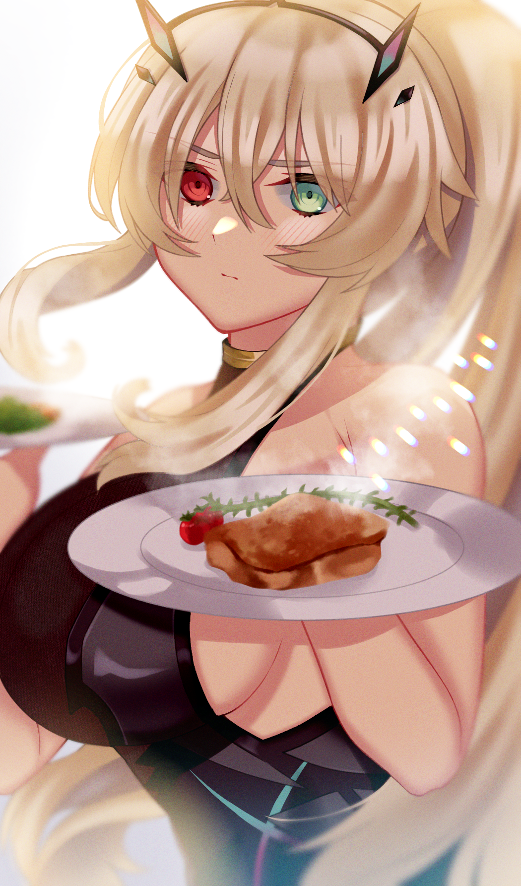 1girl akio_(akio1124) bangs bare_shoulders black_dress blonde_hair breasts dress fairy_knight_gawain_(fate) fate/grand_order fate_(series) food green_eyes heterochromia highres horns large_breasts long_hair looking_at_viewer plate ponytail red_eyes sideboob steak