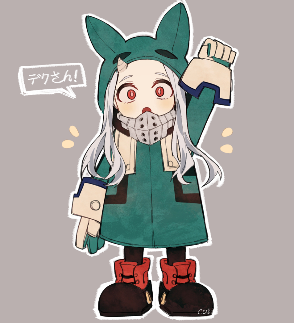 1girl :o animal_ears arm_up bangs black_footwear black_legwear blush boku_no_hero_academia coi_mha cosplay eri_(boku_no_hero_academia) fake_animal_ears gloves green_jacket grey_hair hood hood_up horns jacket long_hair mask midoriya_izuku midoriya_izuku_(cosplay) mouth_mask open_mouth outline pale_skin pantyhose rabbit_ears red_eyes single_horn solo standing translation_request white_gloves white_outline