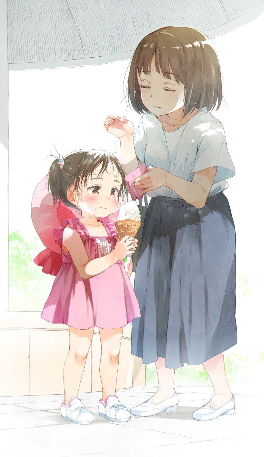 2girls black_skirt blush center_frills child closed_eyes closed_mouth collarbone commentary_request dress food food_on_face frills gomennasai handkerchief hat_around_neck high_heels highres holding holding_food holding_ice_cream ice_cream ice_cream_cone mother_and_daughter motherly multiple_girls original pink_dress pink_headwear red_eyes revision shirt shoes short_sleeves skirt sleeveless sleeveless_dress smile soft_serve sweat twintails white_footwear white_shirt