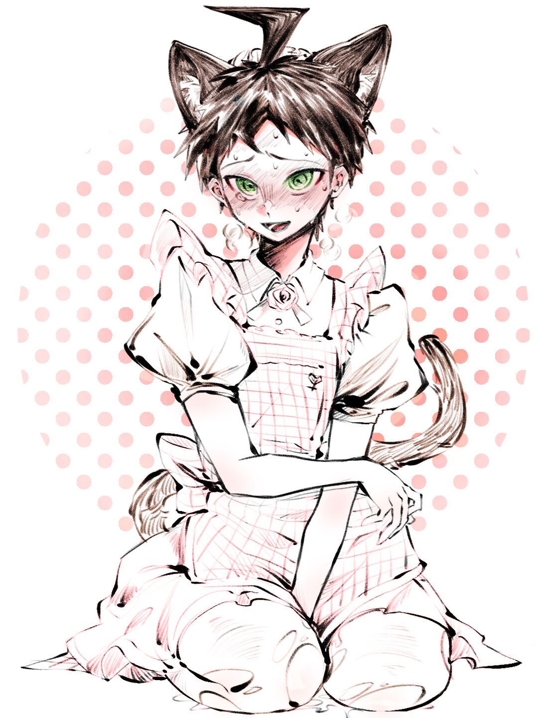 1boy ahoge animal_ears apron bangs blush brown_eyes cat_ears crossdressinging dangan_ronpa_(series) dangan_ronpa_2:_goodbye_despair dokudokudoku dress extra_ears highres hinata_hajime kemonomimi_mode limited_palette looking_at_viewer maid male_focus polka_dot polka_dot_background puffy_short_sleeves puffy_sleeves seiza short_hair short_sleeves sitting solo sweat symbol_commentary