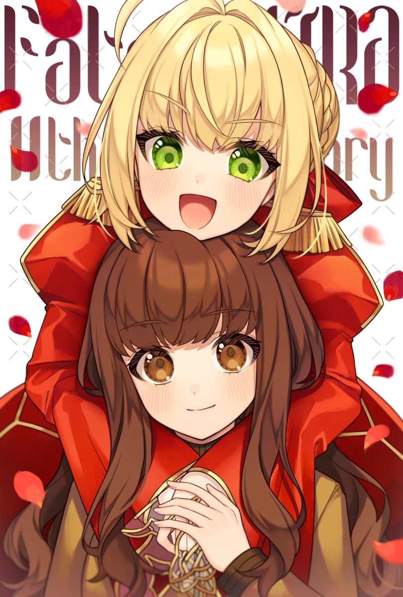 2girls ahoge blonde_hair brown_eyes brown_hair dress epaulettes fate/extra fate_(series) green_eyes hair_intakes highres karokuchitose kishinami_hakuno_(female) long_sleeves multiple_girls nero_claudius_(fate) nero_claudius_(fate)_(all) open_mouth red_dress school_uniform sidelocks smile tsukumihara_academy_uniform_(fate/extra)