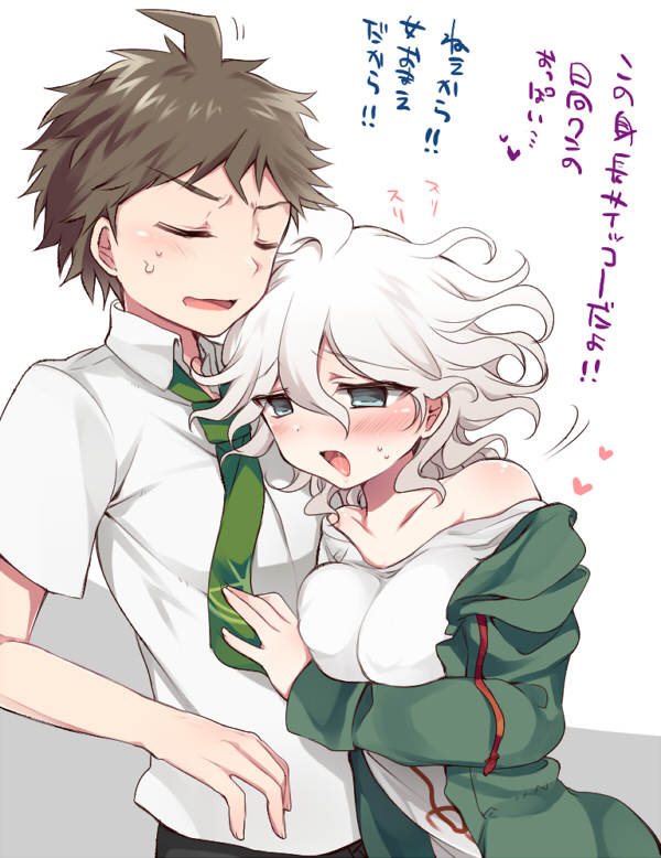 1boy 1girl bangs bare_shoulders blue_eyes blush bnags breasts brown_hair closed_eyes collarbone commentary_request dangan_ronpa_(series) dangan_ronpa_2:_goodbye_despair genderswap genderswap_(mtf) green_jacket grey_background heart hetero hinata_hajime hood hoodie hoshihuri hug jacket komaeda_nagito medium_breasts messy_hair necktie off_shoulder open_mouth shirt short_hair simple_background smile sweat sweatdrop translation_request two-tone_background white_background white_hair white_shirt