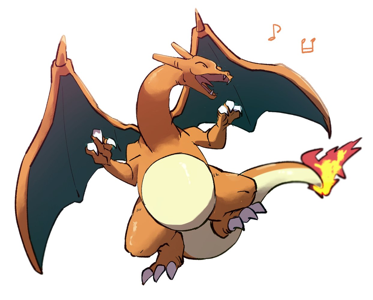 blurry charizard claws closed_eyes commentary_request fangs fire flame full_body gen_1_pokemon happy morio_(poke_orio) musical_note no_humans open_mouth pokemon pokemon_(creature) simple_background solo tongue white_background