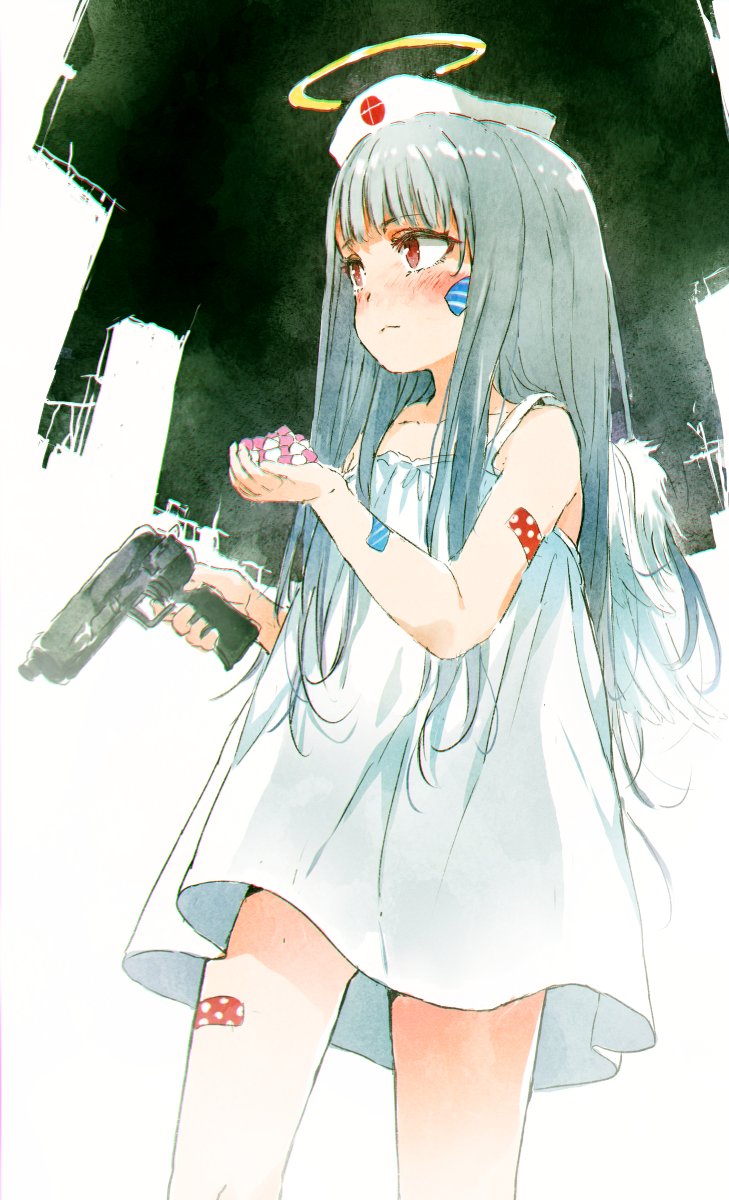 1girl bandaid bandaid_on_arm bandaid_on_leg bangs bare_arms bare_shoulders blush closed_mouth commentary dress eyebrows_visible_through_hair feathered_wings gomennasai grey_hair gun halo handgun hands_up hat highres holding holding_gun holding_weapon long_hair looking_away nurse_cap original pill pistol red_eyes sleeveless sleeveless_dress solo very_long_hair weapon weapon_request white_dress white_headwear white_wings wings