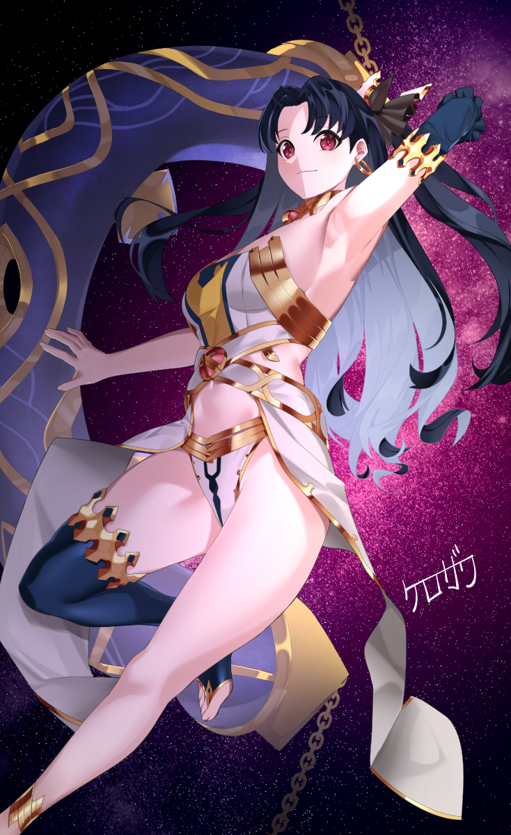 1girl arm_behind_head arm_up armlet armpits bangs bikini black_hair black_legwear bracelet breasts detached_sleeves earrings fate/grand_order fate_(series) gold_trim hair_ribbon heavenly_boat_maanna highres hoop_earrings ishtar_(fate) ishtar_(fate)_(all) jewelry kurosawa_rui_(hjkl42332) long_hair looking_at_viewer medium_breasts neck_ring parted_bangs red_eyes ribbon single_detached_sleeve single_thighhigh smile swimsuit thigh-highs thighlet thighs tiara two_side_up white_bikini