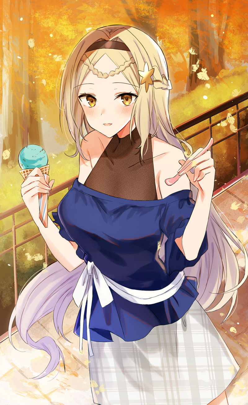 1girl bangs bare_shoulders blonde_hair blue_shirt blush braid brown_eyes brown_hairband character_request collarbone commentary_request commission covered_collarbone epic_seven food hair_ornament hairband highres holding holding_food holding_spoon ice_cream ice_cream_cone kinona long_hair looking_at_viewer off-shoulder_shirt off_shoulder outdoors parted_bangs parted_lips plaid plaid_skirt shirt short_sleeves skeb_commission skirt smile solo spoon unmoving_pattern very_long_hair white_skirt