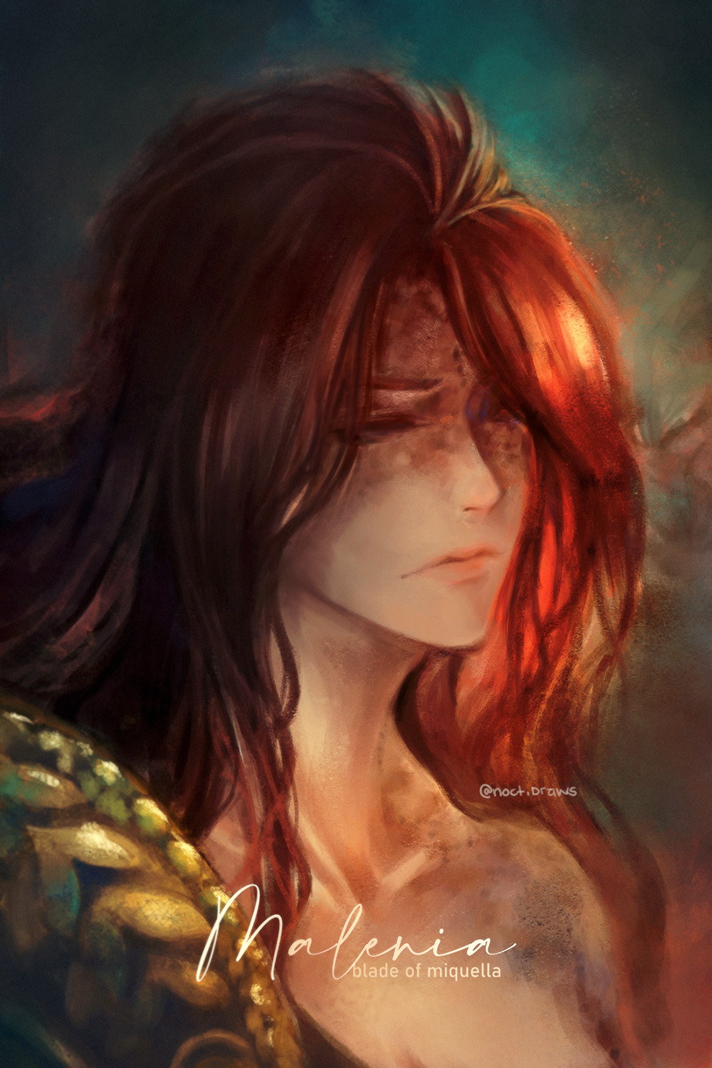 1girl @_(symbol) amputee armor artist_name character_name closed_mouth commentary completely_nude covered_eyes elden_ring english_commentary gold_armor highres long_hair malenia_blade_of_miquella noct_draws nude prosthesis prosthetic_arm redhead simple_background solo triple_amputee