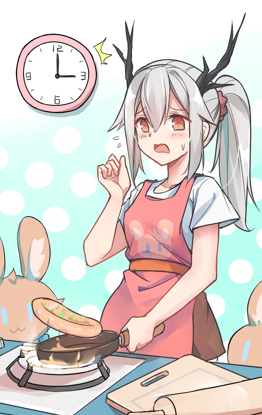 1girl animal_print antlers apron aqua_background arknights bangs black_hairband blush breasts brown_skirt chinese_commentary clock commentary_request cowboy_shot eyebrows_visible_through_hair flying_sweatdrops food frying_pan hairband highres holding holding_frying_pan hypergryph_(arknights) jacket long_hair pancake pink_apron polka_dot polka_dot_background ponytail rabbit shirt short_sleeves silver_hair skirt small_breasts solo stuffed_animal stuffed_bunny stuffed_toy white_shirt xjx yellow_eyes