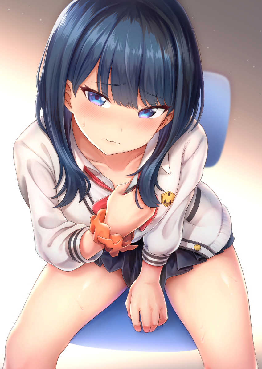 &lt;o&gt;_&lt;o&gt; 1girl bangs black_hair black_skirt blue_eyes blush bow bowtie cardigan closed_mouth commentary_request embarrassed eyebrows_visible_through_hair from_above gridman_universe highres long_hair long_sleeves looking_at_viewer microskirt orange_scrunchie otonari pleated_skirt red_bow red_neckwear school_uniform scrunchie shirt simple_background sitting skirt solo ssss.gridman sweat takarada_rikka thighs wavy_mouth white_background white_cardigan white_shirt wrist_scrunchie