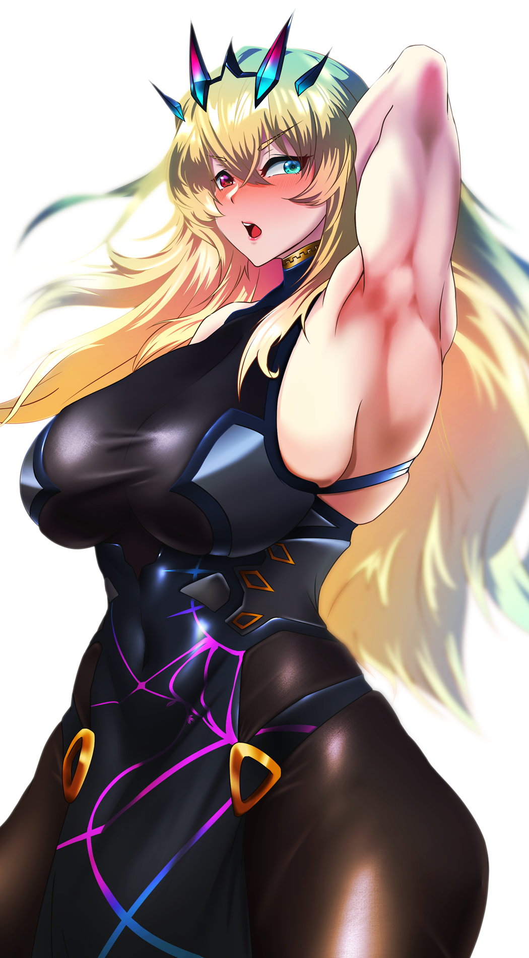 1girl arm_behind_head arm_up armpits bangs bare_shoulders biceps black_dress blonde_hair blue_eyes blush breasts brown_legwear dress fairy_knight_gawain_(fate) fate/grand_order fate_(series) heterochromia highres horns large_breasts long_hair looking_at_viewer muscular muscular_female open_mouth pantyhose pelvic_curtain quless red_eyes sideboob