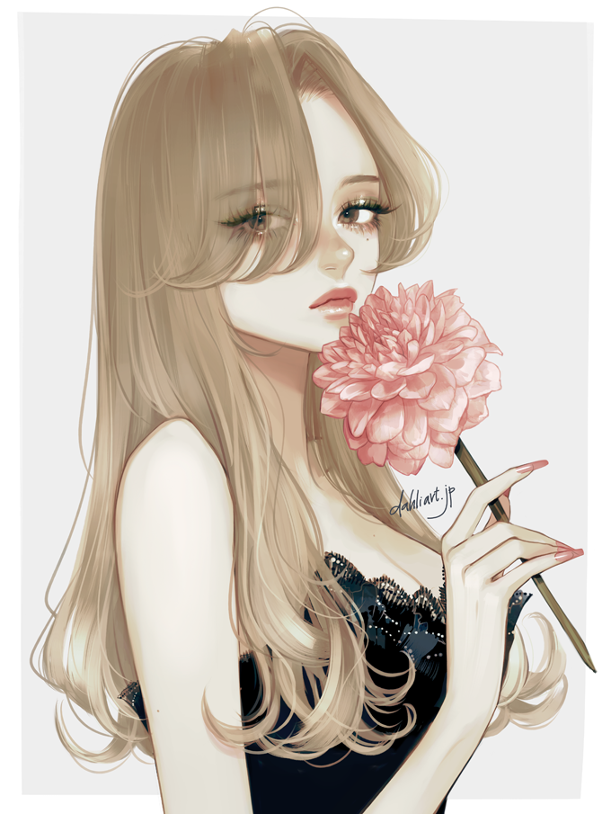 1girl bangs blonde_hair border brown_eyes commentary_request eyebrows_visible_through_hair eyeliner fashion fingernails flower holding holding_flower long_hair looking_at_viewer makeup mole mole_under_eye original outside_border pink_nails sidelocks sleeveless solo takenaka white_border