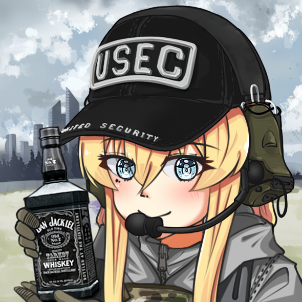 1girl alcohol bangs baseball_cap black_headwear blonde_hair blue_eyes blush camouflage cityscape closed_mouth clouds cloudy_sky earmuffs escape_from_tarkov gloves green_gloves grey_hoodie grey_sky hat holding hood hoodie jack_daniel's jizi looking_at_viewer military military_uniform mole mole_under_eye original outdoors sky smile solo uniform vest whiskey