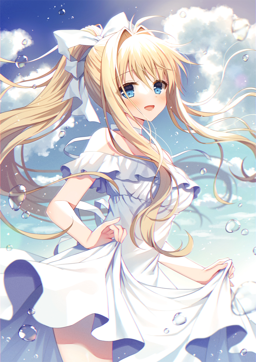 1girl :d air bangs bare_shoulders blonde_hair blue_eyes blue_sky blush bow breasts choker clouds commentary_request day dress eyebrows_visible_through_hair hair_between_eyes hair_bow hair_intakes highres kamio_misuzu long_hair looking_at_viewer mauve medium_breasts off-shoulder_dress off_shoulder open_mouth outdoors ponytail short_sleeves sidelocks skirt_hold sky smile solo very_long_hair water_drop white_bow white_choker white_dress