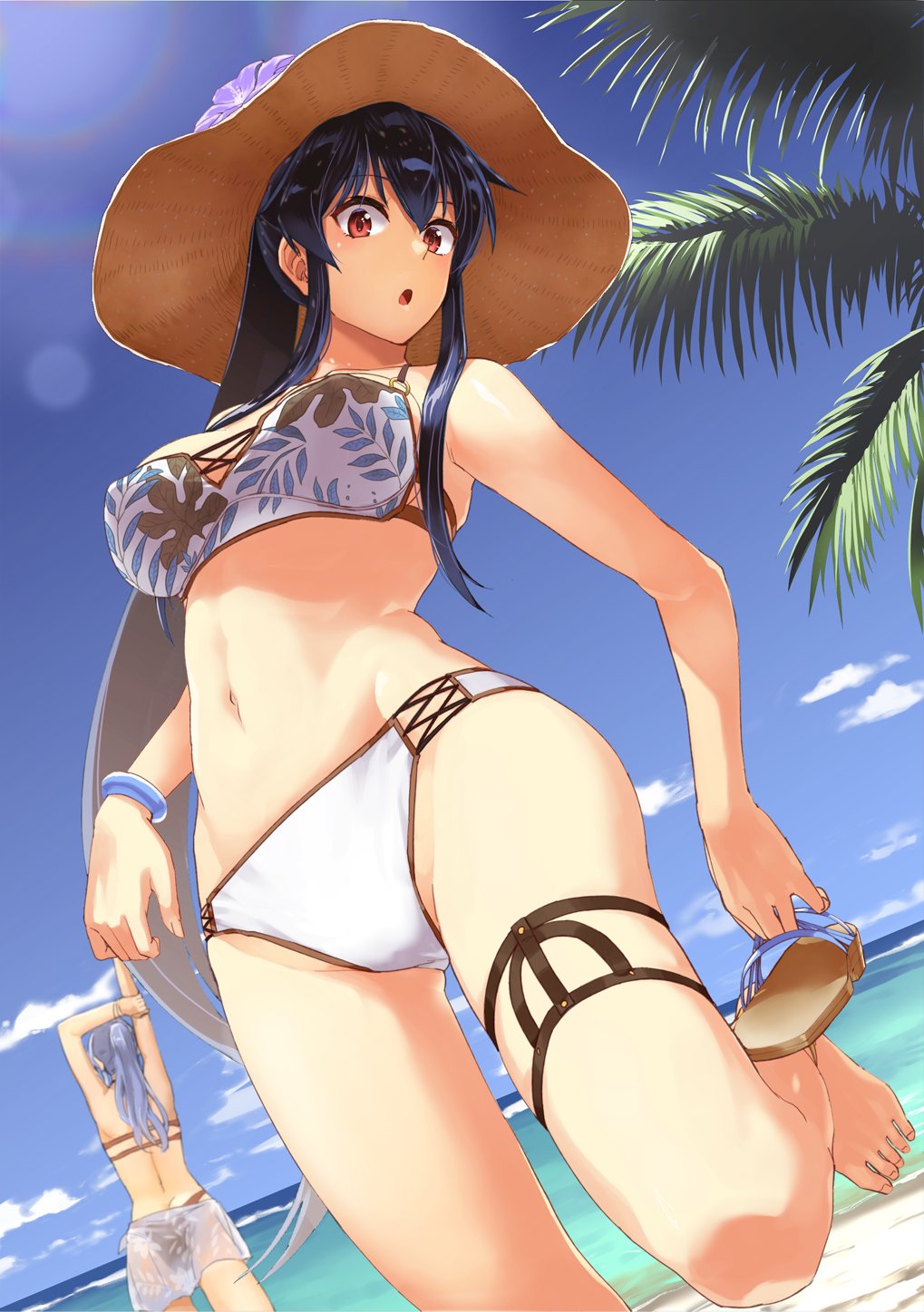 2girls :o abo_(hechouchou) ass barefoot beach bikini black_hair blue_hair breasts brown_bikini day floral_print from_below gotland_(kancolle) hair_down hat highres kantai_collection long_hair looking_at_viewer looking_down medium_breasts multiple_girls official_alternate_costume open_mouth outdoors palm_tree ponytail red_eyes sandals sidelocks solo_focus sun_hat swimsuit tree very_long_hair white_bikini yahagi_(kancolle)