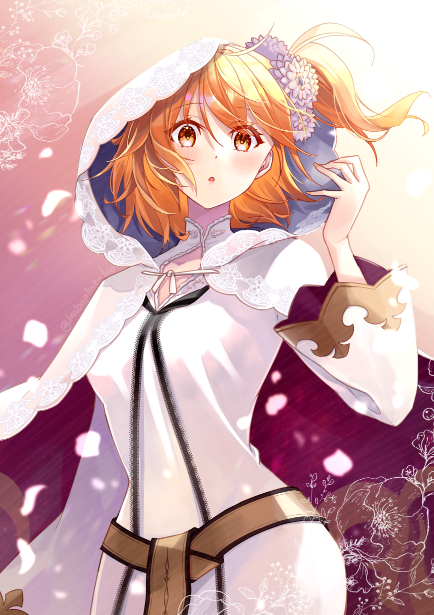 1girl ahoge alternate_costume bangs breasts cloak dress fate/grand_order fate_(series) fujimaru_ritsuka_(female) hair_ornament hair_scrunchie highres hood hooded_cloak ichino_tomizuki long_sleeves looking_at_viewer medium_breasts one_side_up open_mouth orange_eyes orange_hair petals sash scrunchie short_hair white_cloak white_dress