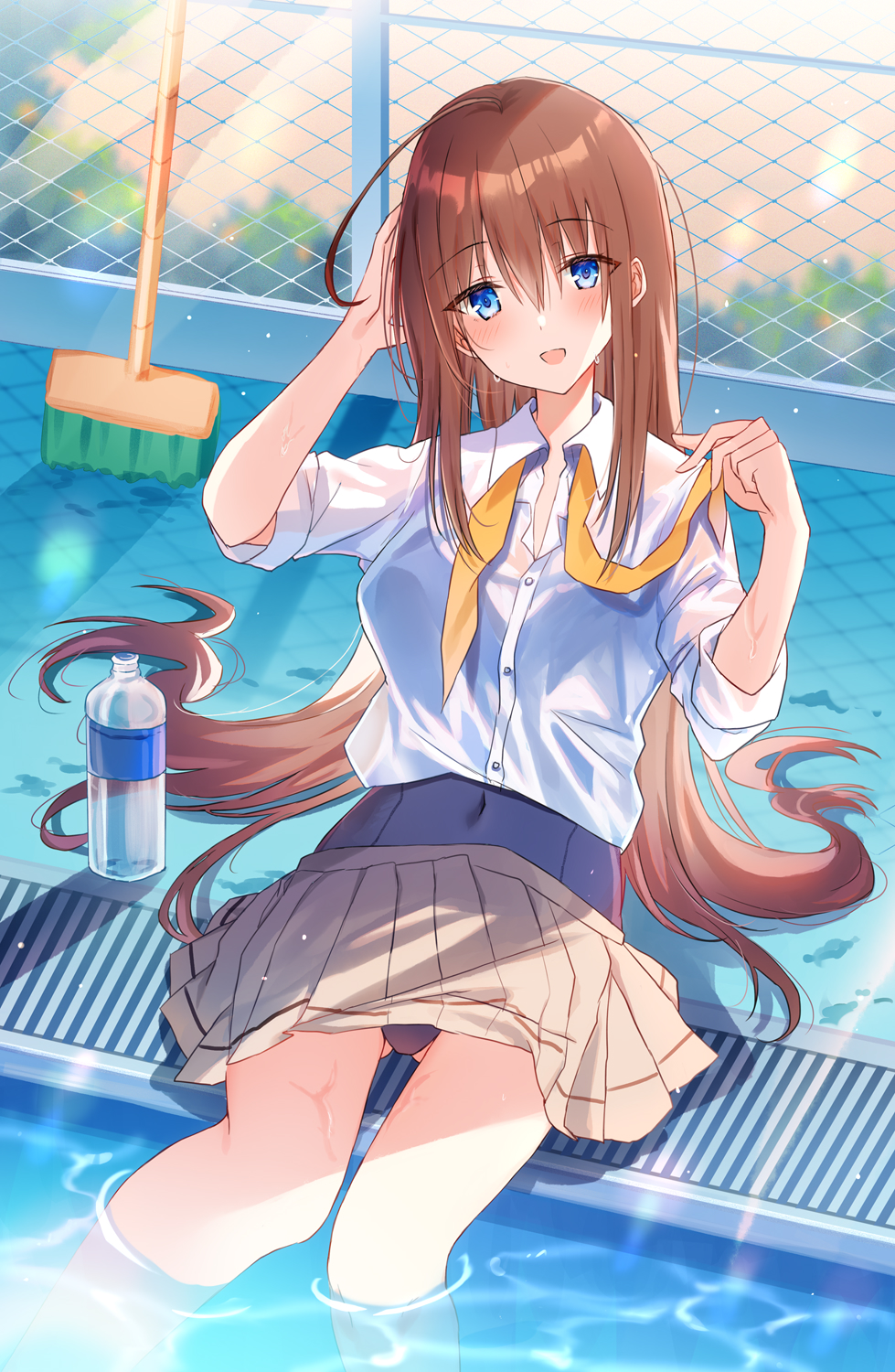 1girl :d arm_up bangs blue_eyes blue_swimsuit blush bottle breasts broom brown_hair brown_skirt chain-link_fence collared_shirt commentary_request covered_navel day dress_shirt eyebrows_visible_through_hair fence hair_between_eyes head_tilt highres kinona long_hair long_sleeves looking_at_viewer melonbooks open_mouth original outdoors pleated_skirt pool poolside school_swimsuit see-through shirt skirt small_breasts smile solo sweat swimsuit swimsuit_under_clothes very_long_hair water_bottle wet wet_clothes wet_shirt white_shirt yellow_neckwear