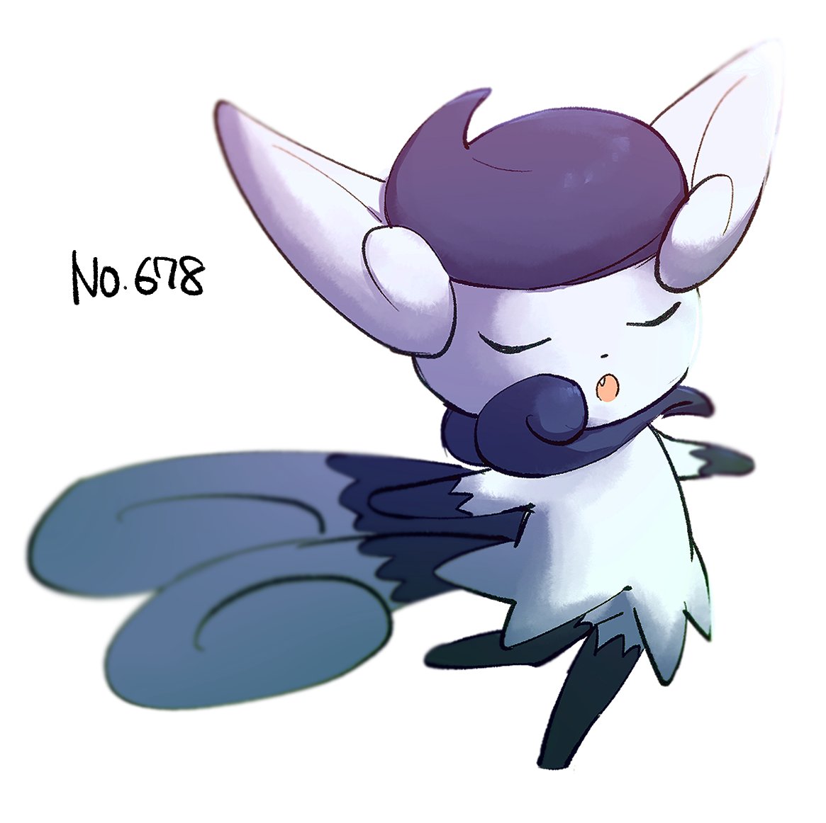 blurry closed_eyes commentary_request fang gen_6_pokemon meowstic meowstic_(female) morio_(poke_orio) no_humans number open_mouth outstretched_arms pokedex_number pokemon pokemon_(creature) simple_background solo standing white_background