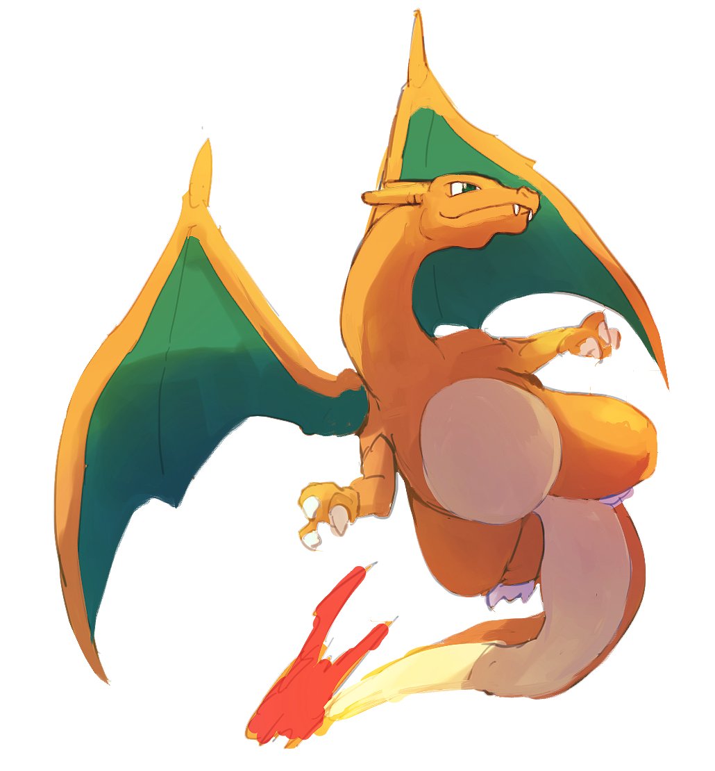 charizard claws closed_mouth commentary_request fangs fangs_out fire flame full_body gen_1_pokemon green_eyes looking_to_the_side morio_(poke_orio) no_humans pokemon pokemon_(creature) simple_background smile solo white_background