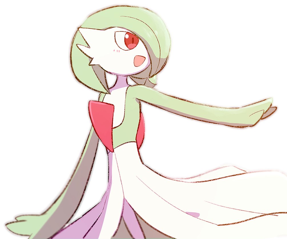 :d blush colored_skin commentary_request gardevoir gen_3_pokemon green_hair morio_(poke_orio) open_mouth outstretched_arm pokemon pokemon_(creature) red_eyes simple_background smile solo white_background white_skin