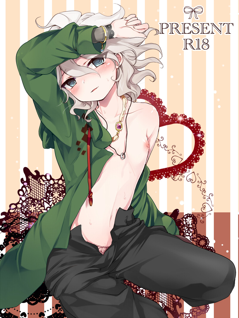 1boy arm_up black_pants blue_eyes blush bracelet collarbone commentary_request dangan_ronpa_(series) dangan_ronpa_2:_goodbye_despair english_text gem grey_eyes grey_hair heart hoshihuri jewelry komaeda_nagito lace looking_at_viewer male_focus navel necklace nipples no_shirt off_shoulder open_clothes open_fly open_pants pale_skin panties pants parted_lips pink_panties ring ring_necklace smile solo striped striped_background unbuttoned underwear unzipped