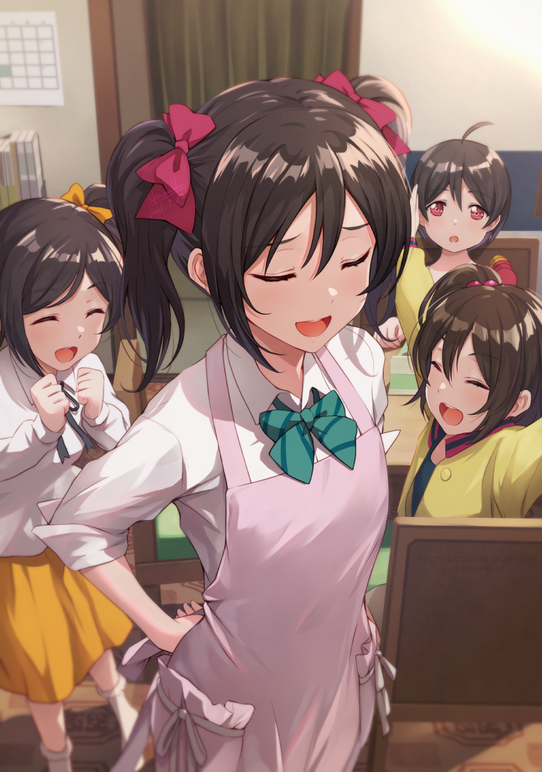 1boy 3girls black_hair bow breasts dress green_neckwear hair_bow indoors love_live! love_live!_school_idol_project multiple_girls pinafore_dress red_bow red_eyes shamakho small_breasts twintails yazawa_kokoa yazawa_kokoro yazawa_kotarou yazawa_nico