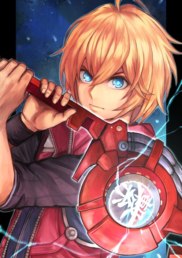 1boy blonde_hair blue_eyes jacket looking_at_viewer male_focus monado natrium_picture short_hair shulk_(xenoblade) simple_background sword vest weapon xenoblade_chronicles xenoblade_chronicles:_future_connected xenoblade_chronicles_(series)