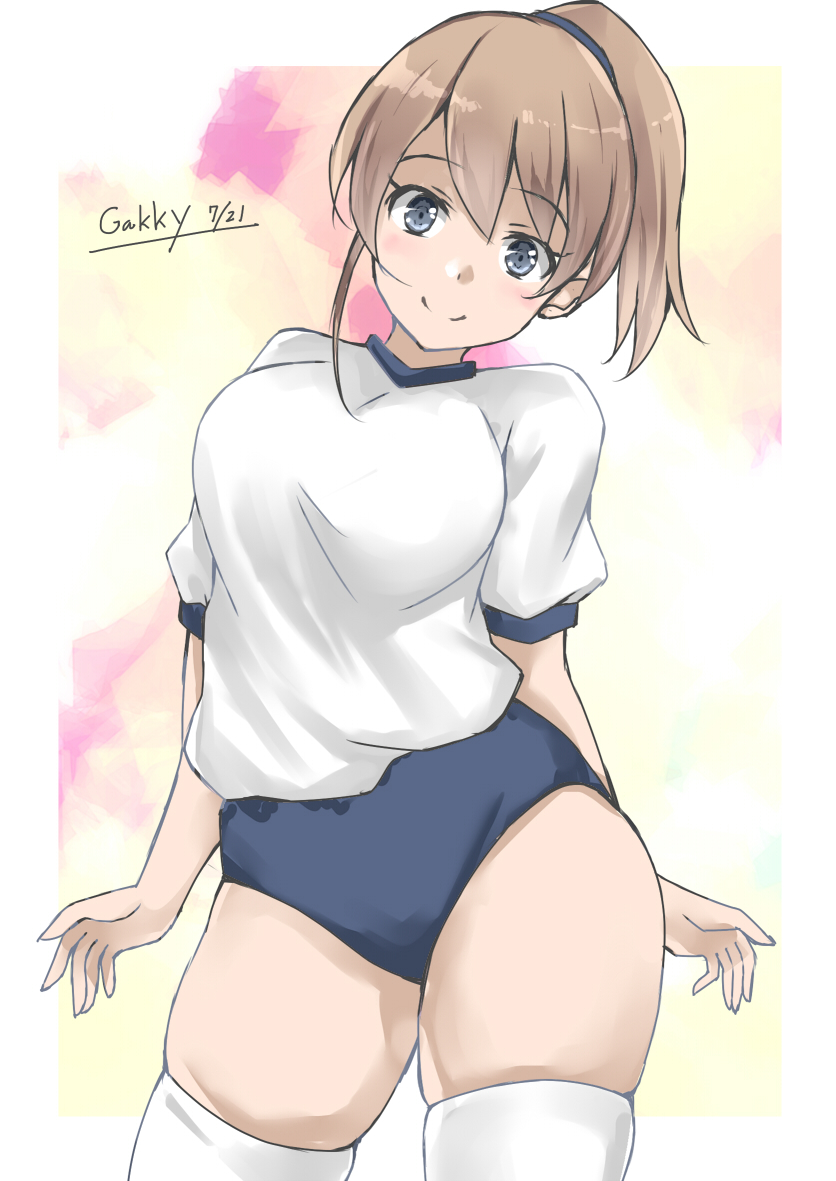 1girl bangs blue_buruma blush breasts brown_hair buruma dated eyebrows_visible_through_hair gakky gym_uniform intrepid_(kancolle) kantai_collection large_breasts one-hour_drawing_challenge ponytail shirt short_sleeves signature simple_background skindentation smile solo thigh-highs white_legwear white_shirt