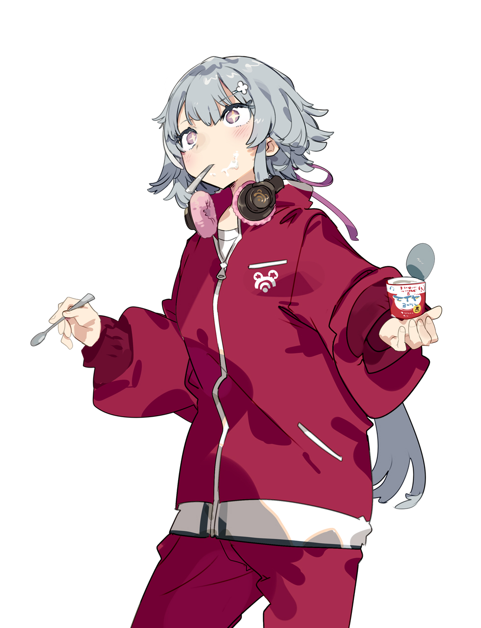 +_+ 1girl brown_eyes cevio flower food food_on_face grey_hair hair_flower hair_ornament hair_ribbon hairclip headphones headphones_around_neck highres holding holding_spoon jacket karei koharu_rikka long_hair long_sleeves pants puffy_long_sleeves puffy_sleeves purple_ribbon red_jacket red_pants ribbon shirt simple_background solo spoon standing track_jacket track_pants track_suit utensil_in_mouth very_long_hair white_background white_flower white_shirt