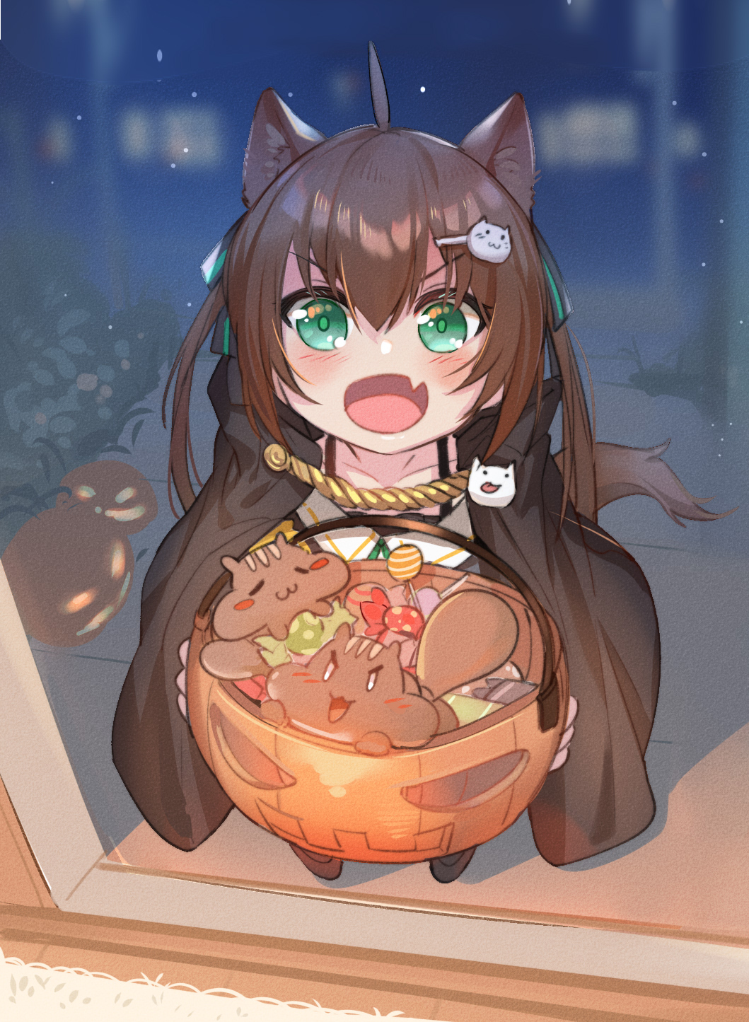 1girl ahoge animal_ears bangs brown_hair cat_hair_ornament dark_talker eyebrows_visible_through_hair fang green_eyes hair_between_eyes hair_ornament halloween highres hololive looking_at_viewer natsuiro_matsuri pumpkin skin_fang solo squirrel tail v-shaped_eyebrows