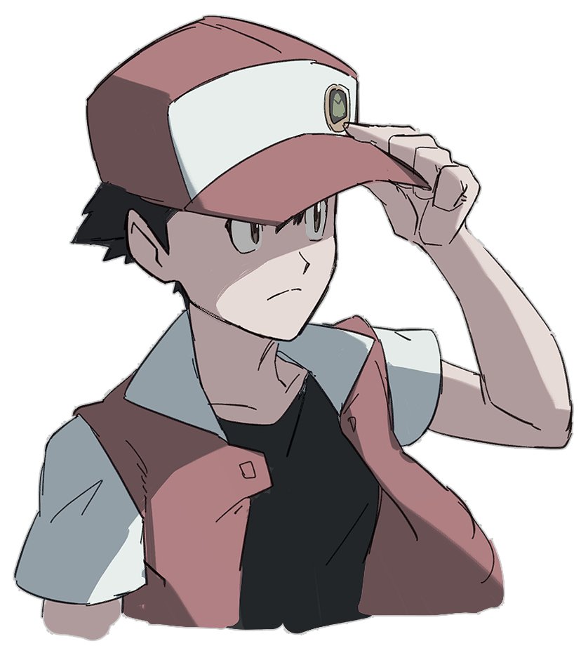 1boy badge baseball_cap black_hair black_shirt closed_mouth collarbone commentary_request frown hand_on_headwear hand_up hat jacket male_focus morio_(poke_orio) open_clothes open_jacket pokemon pokemon_(game) pokemon_rgby red_(pokemon) red_headwear shirt short_hair short_sleeves simple_background sketch solo upper_body white_background