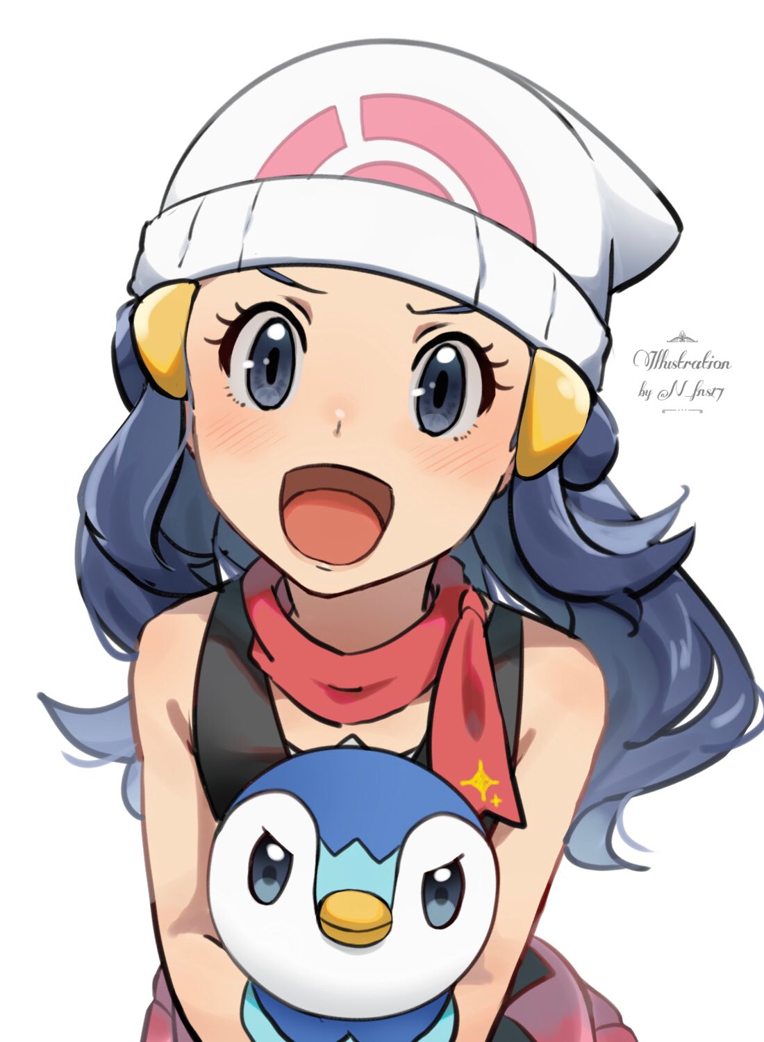 1girl :d bare_arms beanie black_hair blush commentary_request hikari_(pokemon) echizen_(n_fns17) eyelashes gen_4_pokemon grey_eyes hair_ornament hairclip hat highres holding holding_pokemon long_hair open_mouth piplup pokemon pokemon_(anime) pokemon_(creature) pokemon_swsh_(anime) scarf simple_background sleeveless smile sparkle starter_pokemon tongue twitter_username white_background white_headwear