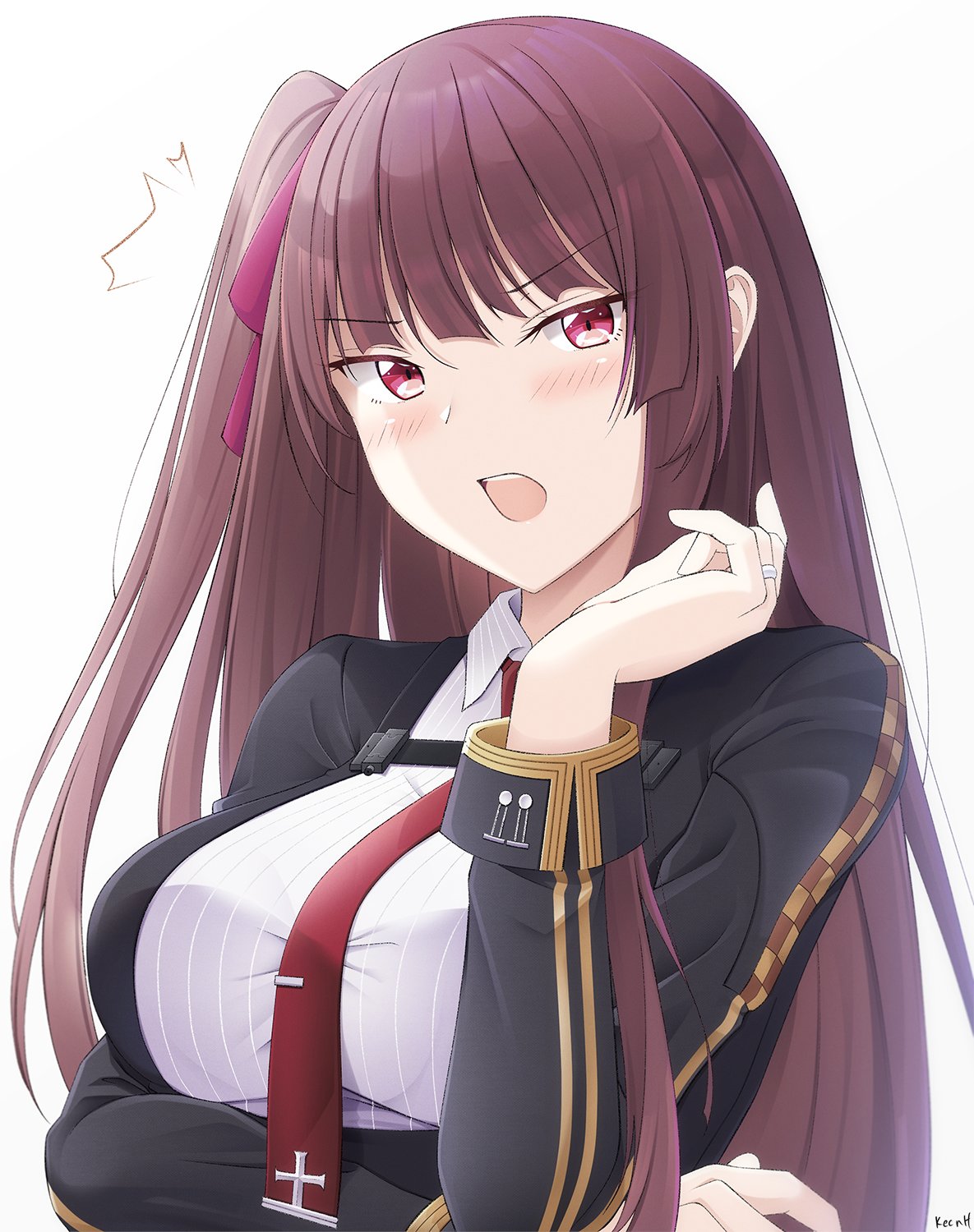 1girl annoyed arm_under_breasts bangs black_jacket blunt_bangs blush breasts collared_shirt girls_frontline hair_ribbon hand_up highres jacket keenh large_breasts long_hair necktie purple_hair red_eyes red_ribbon ribbon shirt side_ponytail solo upper_body v-shaped_eyebrows wa2000_(girls_frontline)