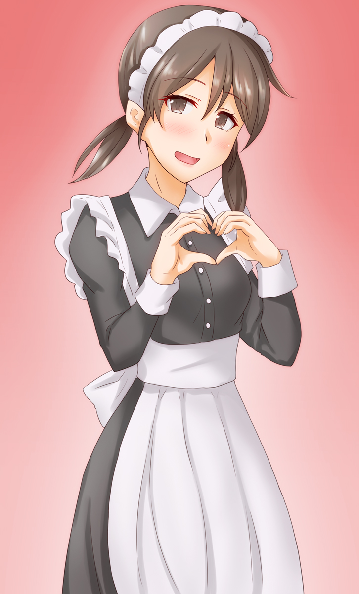 1girl alternate_costume anti_(untea9) apron bangs black_dress brown_eyes brown_hair dress enmaided eyebrows_visible_through_hair gradient gradient_background heart heart_hands highres kantai_collection long_sleeves looking_at_viewer low_twintails maid maid_apron maid_headdress open_mouth parted_bangs red_background shirayuki_(kancolle) short_twintails smile solo standing twintails waist_apron white_apron