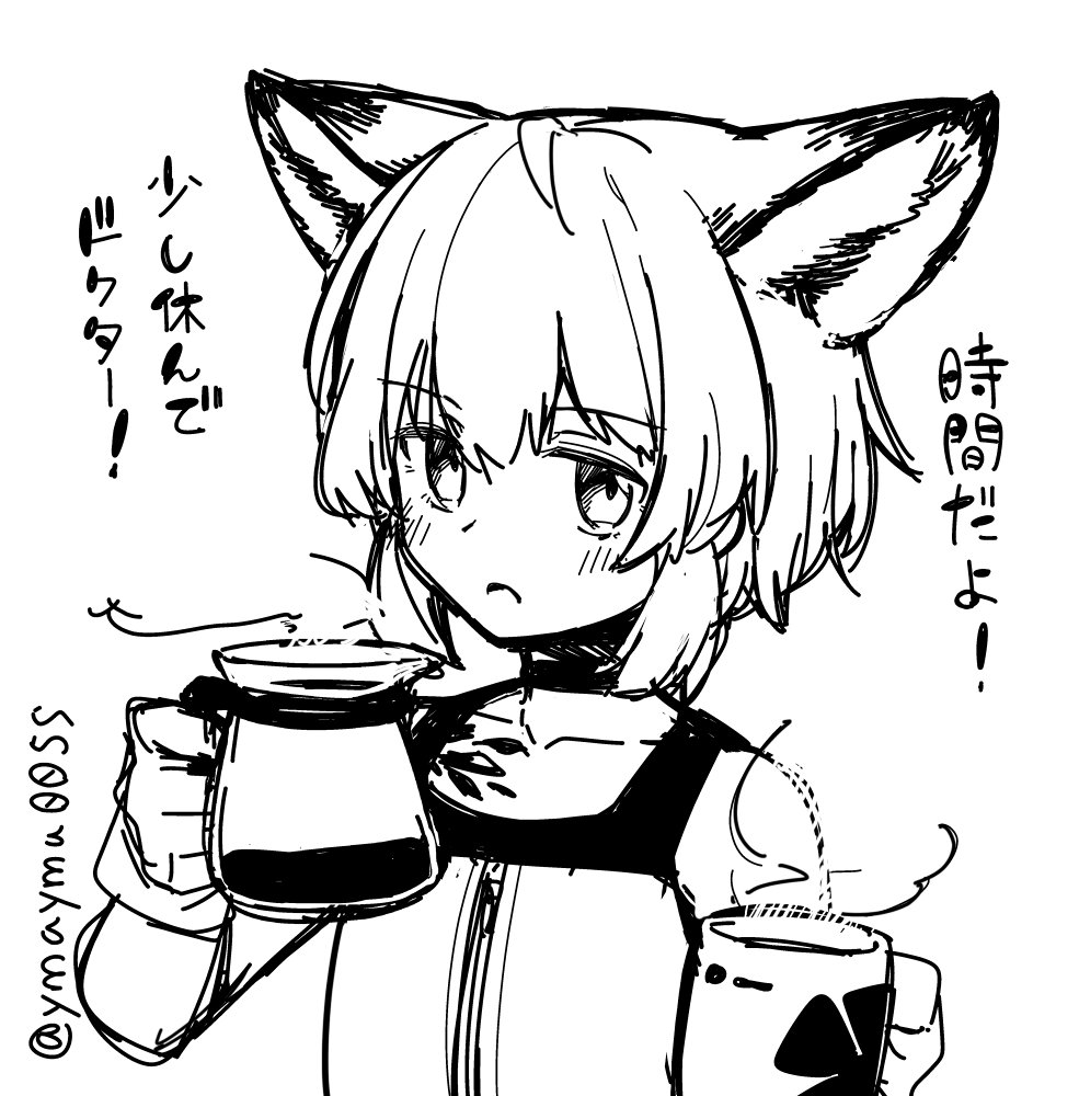 1girl animal_ears arknights blush choker collarbone cup eyebrows_visible_through_hair fox_ears gloves greyscale hands_up holding holding_cup holding_pot looking_at_viewer monochrome mug no_coat open_mouth oripathy_lesion_(arknights) pot shirt simple_background sketch solo sussurro_(arknights) translated twitter_username upper_body white_background yom_(ymayma00ss)