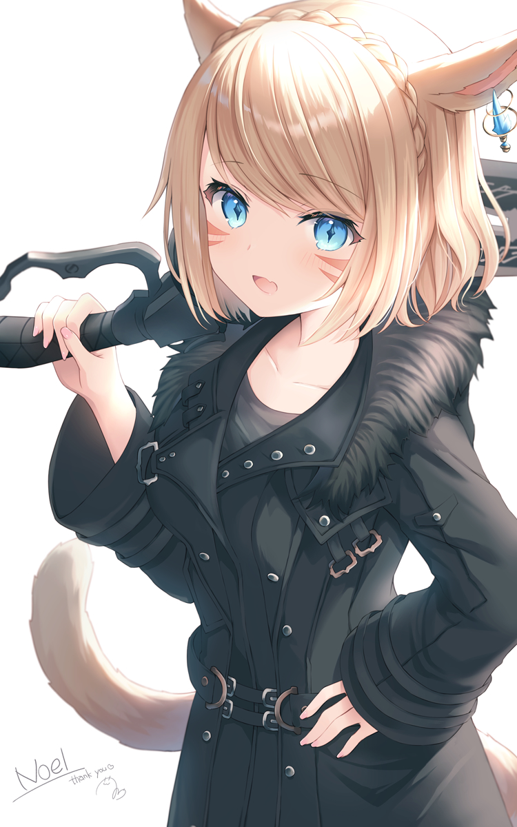 1girl :d animal_ears bangs black_jacket black_shirt blue_eyes blush braid cat_ears cat_girl cat_tail crown_braid ear_piercing eyebrows_visible_through_hair facial_mark fang final_fantasy final_fantasy_xiv fingernails fur-trimmed_jacket fur_trim hand_on_hip highres holding holding_sword holding_weapon jacket kanora light_brown_hair long_sleeves looking_at_viewer miqo'te nail_polish open_mouth over_shoulder piercing pink_nails shirt simple_background sleeves_past_wrists smile solo sword sword_over_shoulder tail thank_you weapon weapon_over_shoulder whisker_markings white_background wide_sleeves