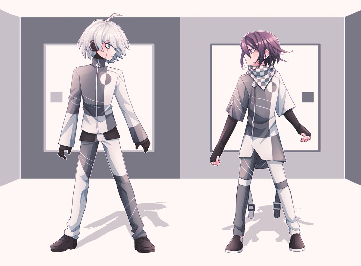 2boys ahoge bangs black_footwear brown_footwear checkered checkered_scarf cheer_(cheerkitty14) commentary dangan_ronpa_(series) dangan_ronpa_v3:_killing_harmony english_commentary fingerless_gloves full_body gloves grey_hair grey_pants grey_shirt headphones keebo legs_apart long_sleeves looking_at_another male_focus multiple_boys multiple_views ouma_kokichi pants purple_hair reference_request scarf shiny shiny_hair shirt shoes sleeves_past_wrists smile standing two-tone_shirt ura-omote_lovers_(vocaloid) white_pants white_shirt