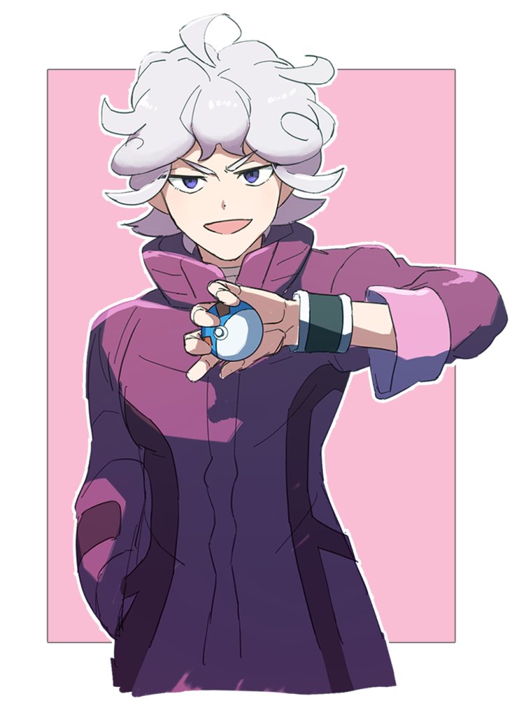 1boy ahoge bangs bede_(pokemon) border coat commentary_request curly_hair great_ball grey_hair hand_up holding holding_poke_ball male_focus morio_(poke_orio) open_mouth outline outside_border poke_ball pokemon pokemon_(game) pokemon_swsh purple_coat short_hair sleeves_rolled_up smile solo violet_eyes white_border wristband