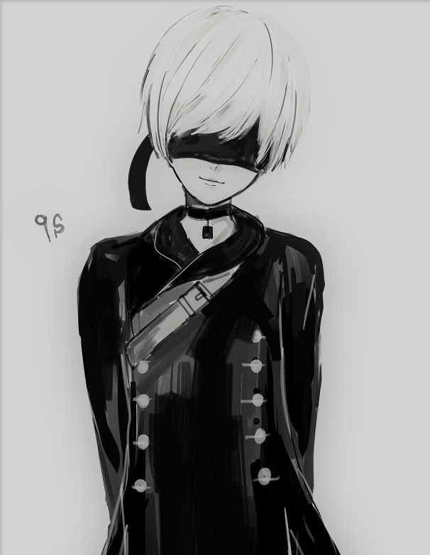 1boy akitama2727 bangs black_blindfold black_jacket blindfold choker closed_mouth grey_background grey_hair hair_over_one_eye jacket long_sleeves looking_at_viewer monochrome nier_(series) nier_automata short_hair simple_background smile solo yorha_no._9_type_s