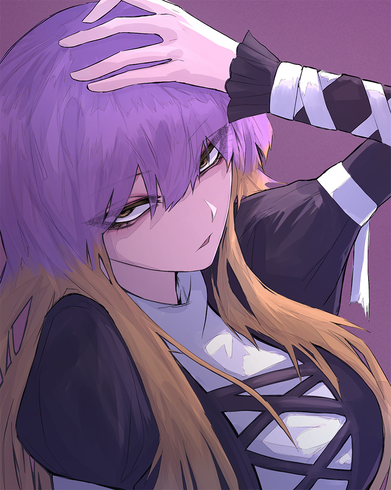 1girl 33_gaff arm_up bangs black_dress breasts brown_eyes commentary_request dress eyebrows_visible_through_hair gradient_hair hair_between_eyes half-closed_eyes hand_on_head hijiri_byakuren juliet_sleeves large_breasts long_hair long_sleeves looking_at_viewer multicolored_hair parted_lips puffy_sleeves purple_background purple_hair sidelocks simple_background solo touhou upper_body