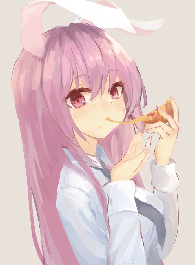 1girl :t animal_ears bangs blue_neckwear breasts cheese_trail closed_mouth commentary_request eating eyebrows_visible_through_hair fingernails food food_on_face grey_background hair_between_eyes hands_up holding holding_food large_breasts long_hair long_sleeves looking_at_viewer necktie pink_eyes pizza purple_hair rabbit_ears reisen_udongein_inaba shirt simple_background solarisu solo touhou upper_body white_shirt
