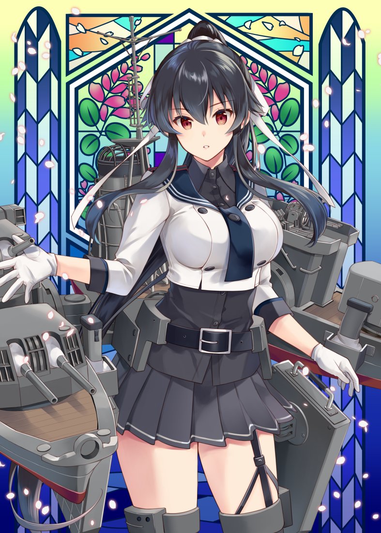 1girl bangs belt black_belt black_hair black_shirt black_skirt blue_sailor_collar breasts cherry_blossoms eyebrows_visible_through_hair gloves hair_between_eyes ichinomiya_(blantte) kantai_collection large_breasts long_hair looking_at_viewer parted_lips petals pleated_skirt ponytail red_eyes remodel_(kantai_collection) rigging sailor_collar shirt sidelocks skirt solo stained_glass white_gloves yahagi_(kancolle)