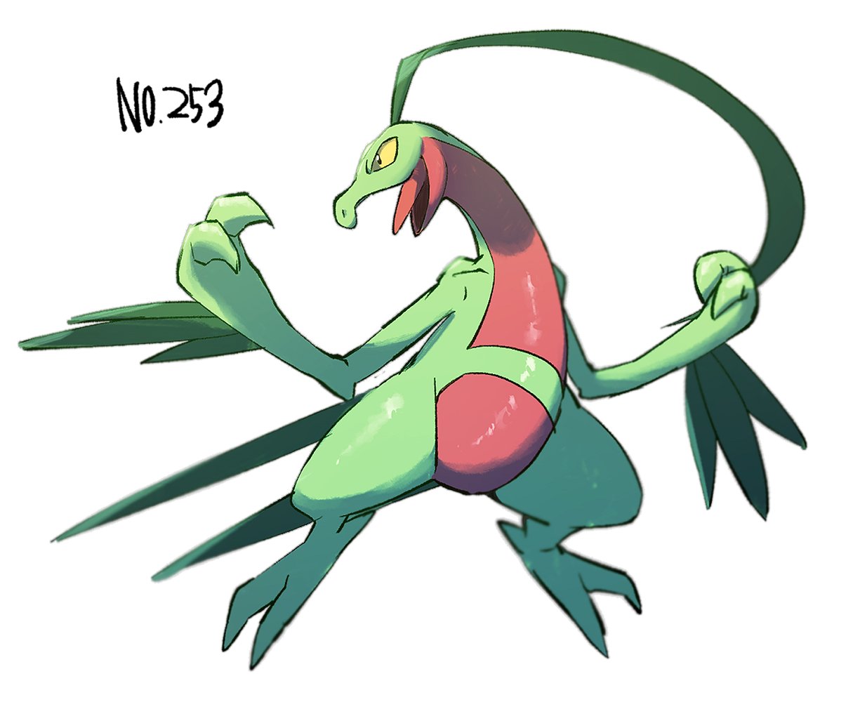 commentary_request full_body gen_3_pokemon grovyle morio_(poke_orio) no_humans number open_mouth pokedex_number pokemon pokemon_(creature) shiny shiny_skin simple_background solo tongue white_background