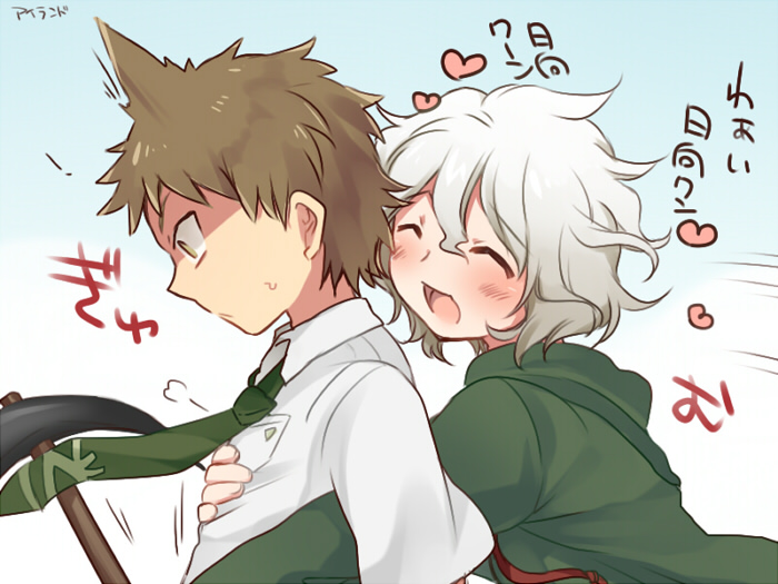 2boys :d ahoge bangs blush breast_pocket brown_hair closed_eyes collared_shirt commentary_request dangan_ronpa_(series) dangan_ronpa_2:_goodbye_despair from_side gradient gradient_background green_jacket green_neckwear grey_background heart hinata_hajime hood hood_down hoshihuri jacket komaeda_nagito male_focus multiple_boys necktie open_mouth pocket shirt short_hair smile upper_body white_shirt