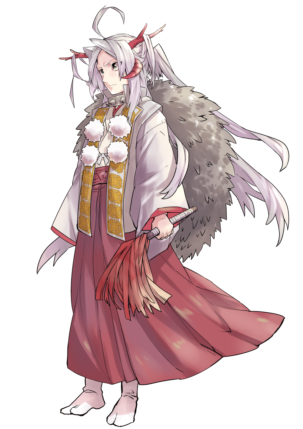 1boy ahoge cape closed_mouth collar dragon_horns full_body fur_cape gohei grey_eyes hakama haori haori_himo high_collar highres holding horns japanese_clothes kimono long_hair long_sleeves male_focus metal_collar no_shoes oonusa pom_pom_(clothes) ponytail red_hakama red_horns sin_(hankotsu_bunny) solo spiked_collar spikes standing suzunaru_ame tabi transparent_background utau v-shaped_eyebrows white_hair white_kimono white_legwear