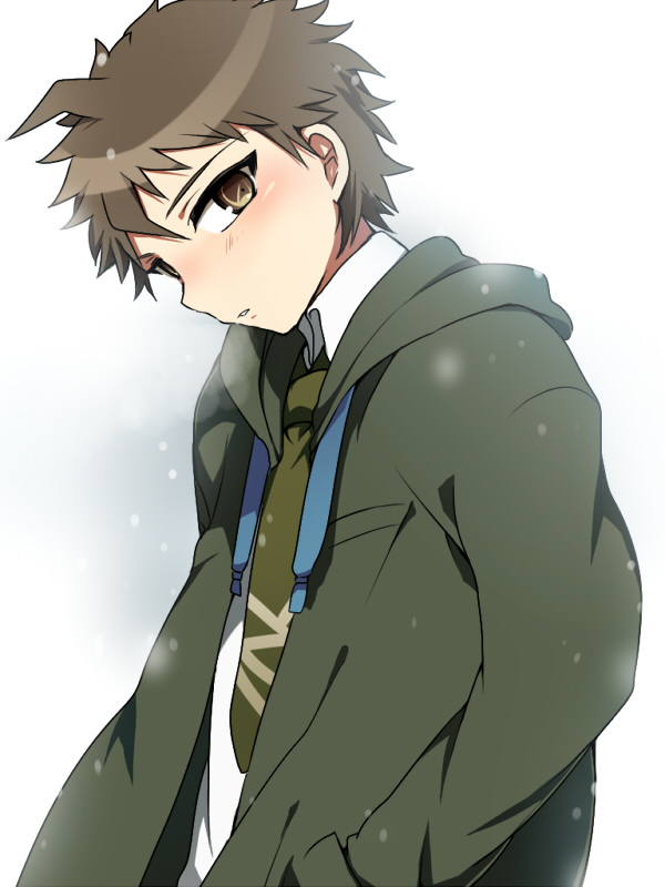 1boy ahoge bangs blush brown_eyes brown_hair collared_shirt commentary_request cowboy_shot dangan_ronpa_(series) dangan_ronpa_2:_goodbye_despair from_side gradient gradient_background green_neckwear grey_background hand_in_pocket hinata_hajime hood hood_down hoshihuri long_sleeves looking_at_viewer male_focus necktie open_clothes parted_lips shirt short_hair simple_background solo upper_body white_shirt wing_collar