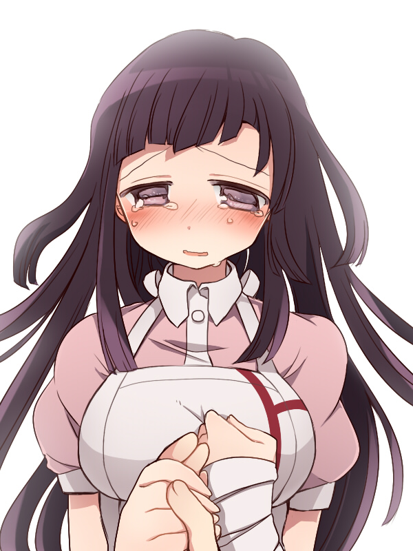 1girl apron bandaged_hand bangs blush breasts collared_shirt commentary_request crying crying_with_eyes_open dangan_ronpa_(series) dangan_ronpa_2:_goodbye_despair dress_shirt hand_grab holding_hands hoshihuri large_breasts long_hair looking_at_viewer open_mouth pink_eyes pink_shirt pov pov_hands purple_hair shirt simple_background solo_focus tears tsumiki_mikan upper_body white_apron white_background